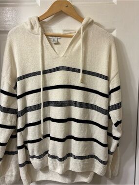 Rachel Zoe Women's Knit Velvet Feel Hood Sweater color White Black Stripes Large